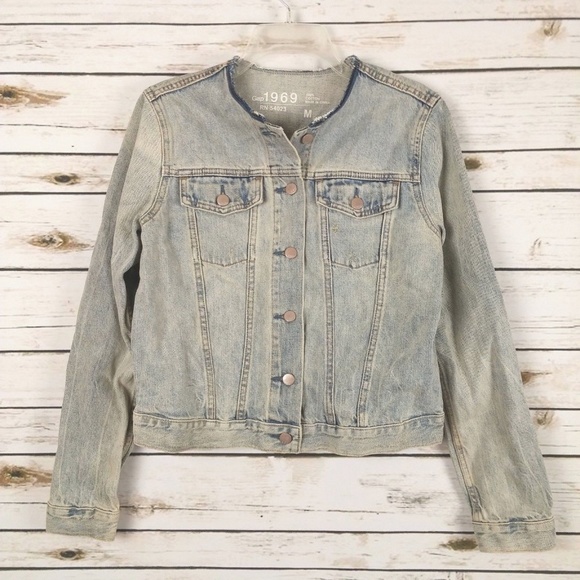 gap collarless denim jacket